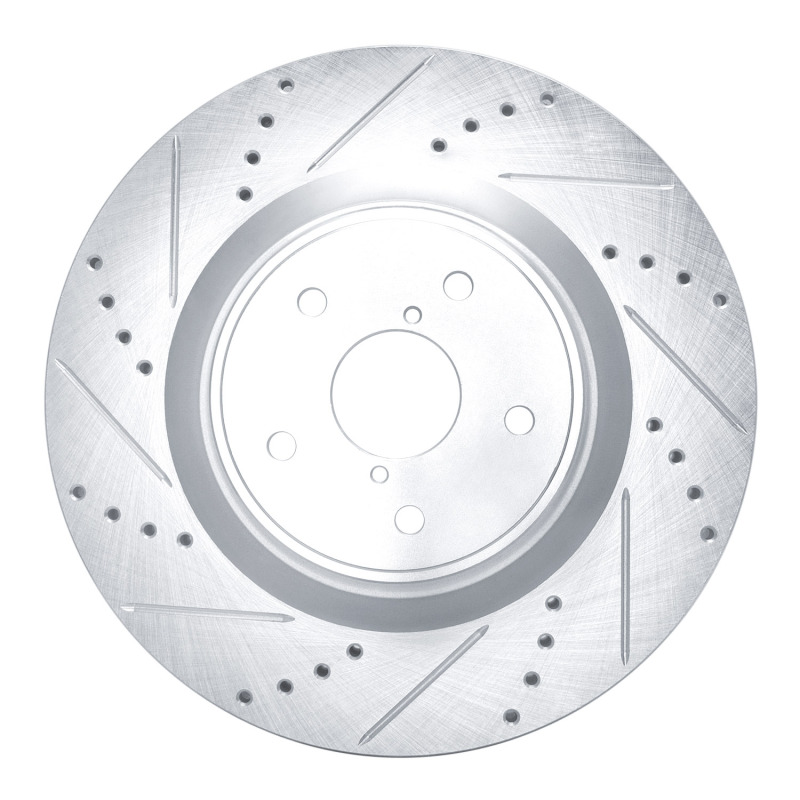 Subaru WRX STI Brake Rotor (1) - Front Left - R1 Concepts - Drilled & Slotted - Silver - `18-`25